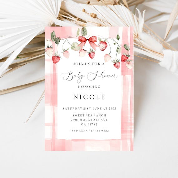 Wild Strawberries Baby Shower Invitation: Gingham, Bow (Digital Download) Printable #rgb