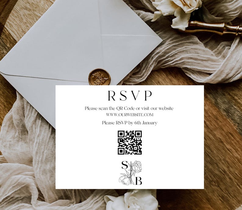 Elegant Black and White Wedding Invitation Set Template, Floral Black