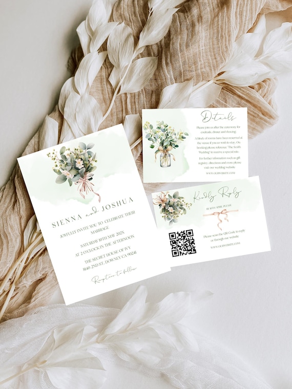 Eucalyptus Wedding Invitation Set: Rustic Greenery, Editable QR Code (Digital Download) Printable