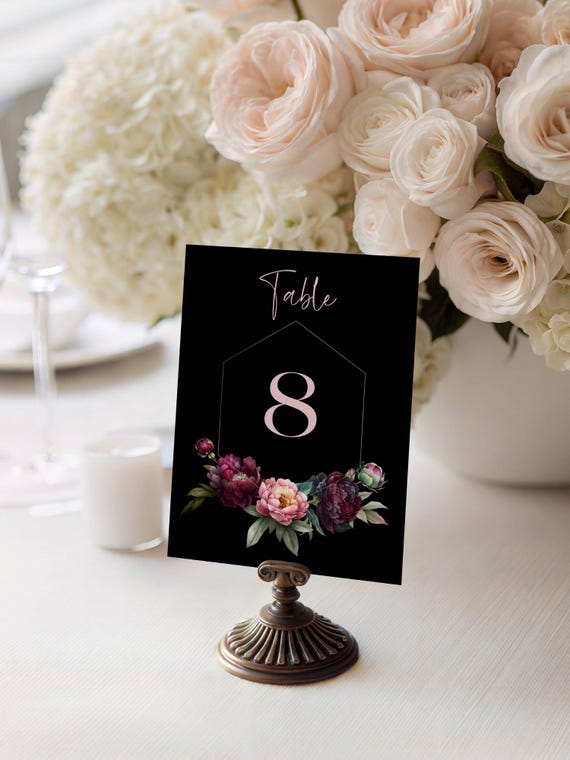 Black & Blush Floral Table Number Template: Elegant Peonies (Digital Download) Printable #bpp