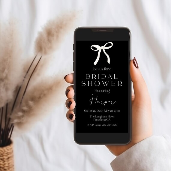 Modern Bridal Shower Evite Template: White Bow, Black & White (Digital Download)