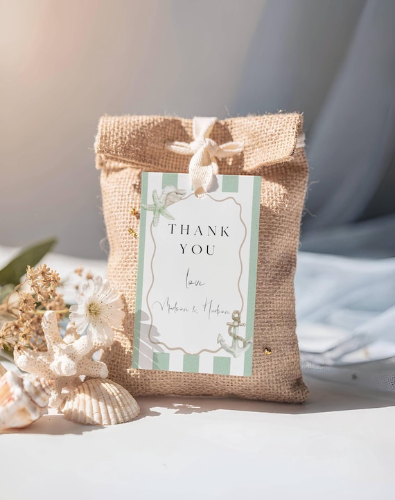 Coastal Design Favor Tags, Stripes, Seashells, Shower/Wedding Thank you Tag (Editable Printable)  #css