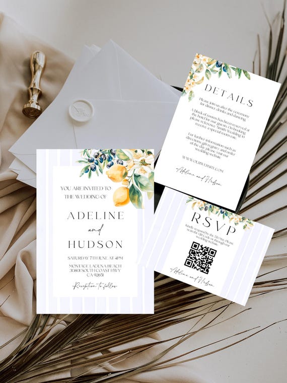 Lemons Wedding Invitation Set: Mediterranean Olive Branch Design (Printable,Editable Template) #oli