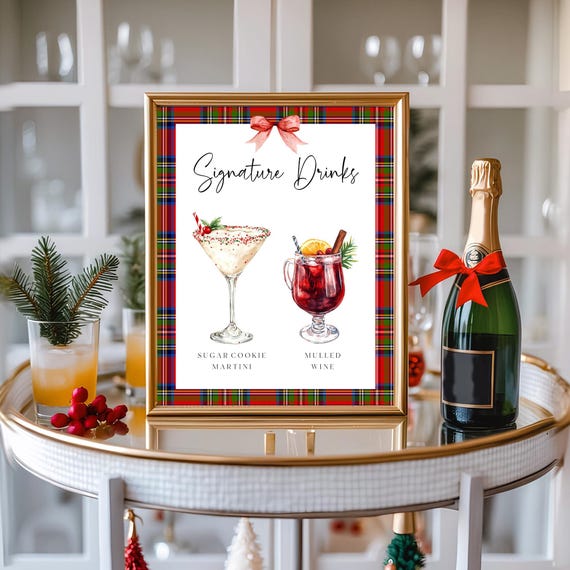 Christmas Signature Drinks Sign Template: Tartan Plaid, Festive Cocktails, Editable (Digital Download)