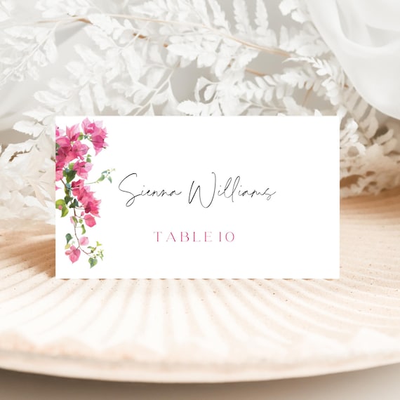 Bougainvillea Place Card Template: Pink Floral Wedding Table Card (Printable, Editable, 3.5x2") #bgv