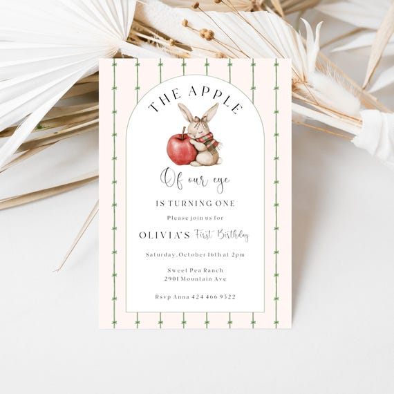 Apple of eye First Birthday invite : Bunny, Plaid, bows (Editable Printable) Digital Download #app