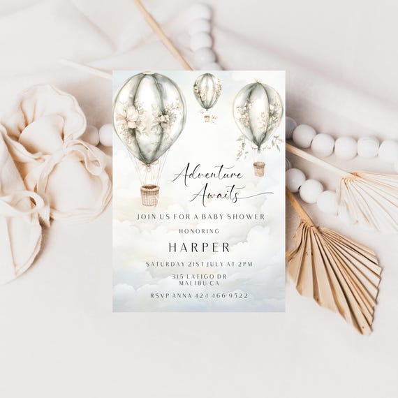 Floral Hot Air Balloon Baby Shower Invitation Template (Editable Digital Download) Printable #hab