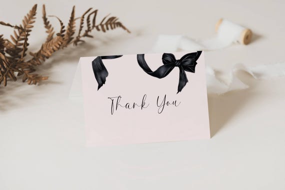 Modern Black Bow Thank You Card Template: Minimalist DIY Printable (5.5x4.25" Flat & Tent Fold) #bps