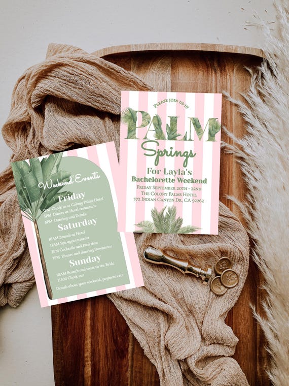 Palm Springs Bachelorette Party Invitation: Retro Pink, Green Palms (Printable, Editable) Instant Download