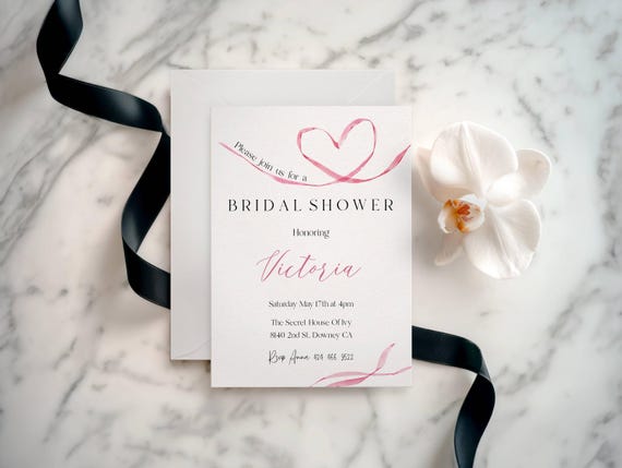 Pink Ribbon Heart Bridal Shower Invitation Template, Modern  (Editable Printable) #rib