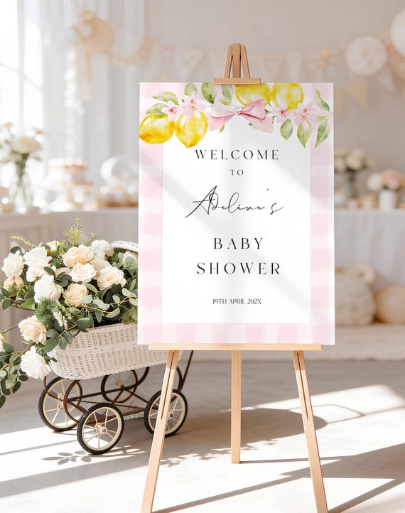 Lemons Baby Shower Welcome Sign: Pink Gingham, Bow, Blossom Printable (Digital Download) Editable #lem