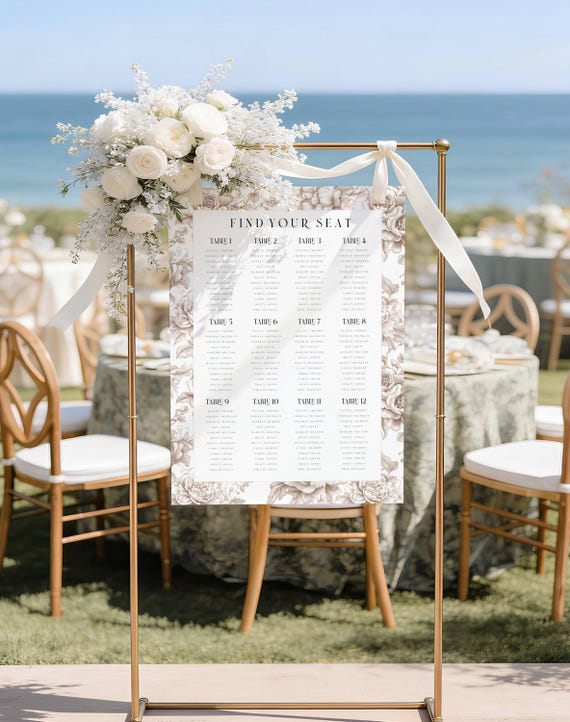Neutral Toile Wedding Seating Plan : Elegant Beige Floral Table Seating Chart, (Printable Editable) #toi