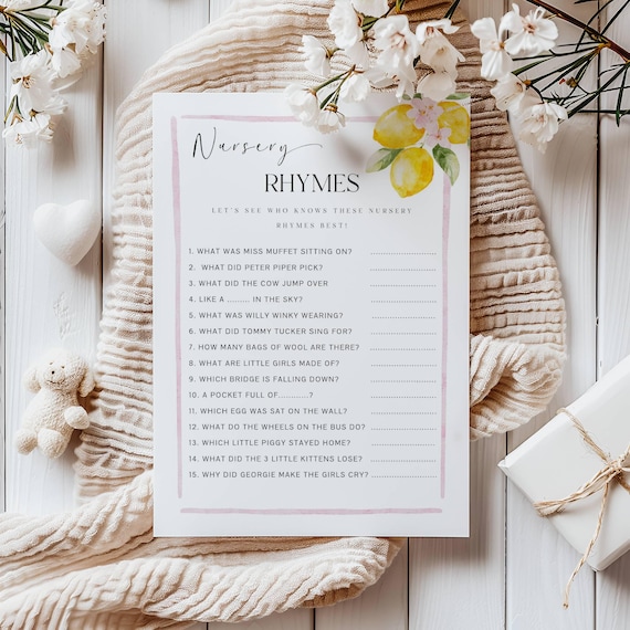 Lemons Baby Shower Game Template, Nursery Rhymes, Pink Floral, (Printable, Editable) Digital #lem