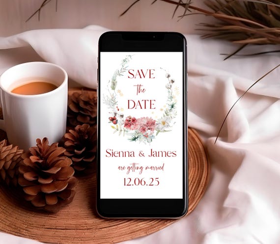 Winter Floral Wreath Save The Date Evite: Editable Wedding Announcement, Red (Digital Download) #hyd