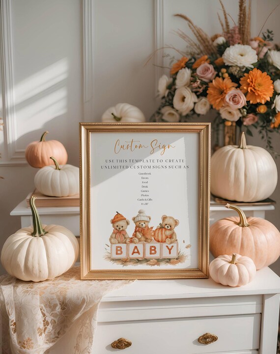 Fall Teddy Bear Baby Shower Sign Template, Autumnal Custom Table Decor (Editable Printable) #ftb