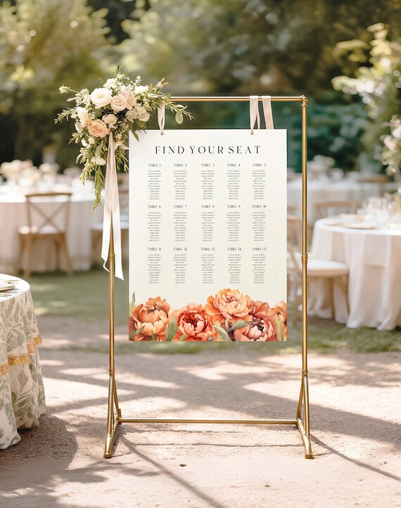 Fall Peonies Wedding Seating Plan Sign : Elegant Terracotta Florals Seating Chart (Editable Printable)  #tfp