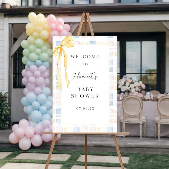 Yellow Bow Baby Shower Welcome Sign: Modern Gingham, Editable Template