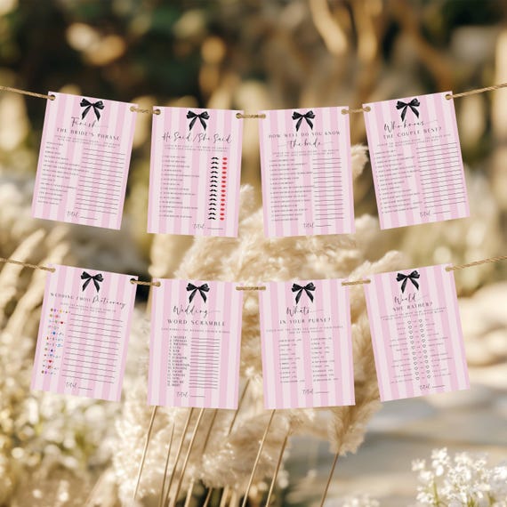 Pink Stripe Bridal Shower Games Bundle, Black Bow, Party Games (Editable Printable) Digital #vss