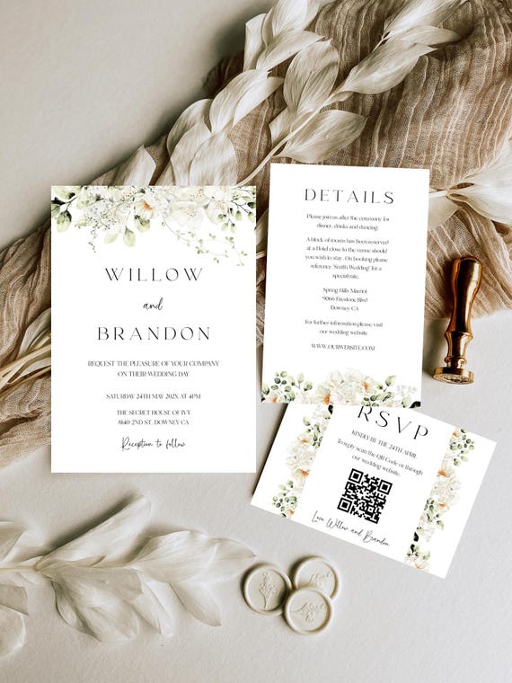 Modern Floral Wedding Invitation Set: Greenery & White Flowers (Printable,Editable Template) #whi