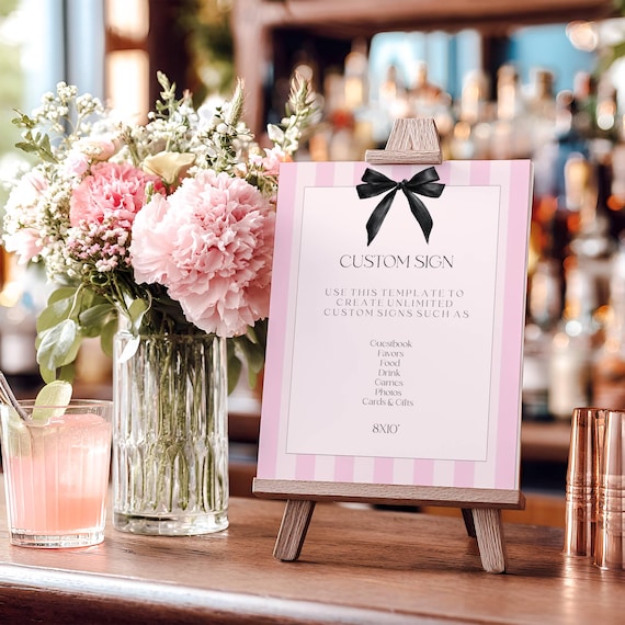 Black Bow Bridal Shower Customizable Sign, Pink Striped, Elegant (Editable Printable) Instant Download #vss