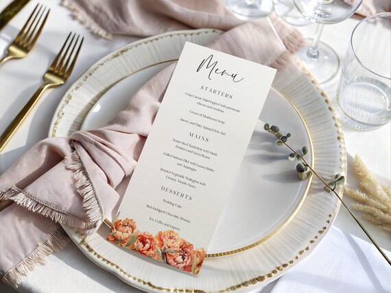 Fall Peonies Wedding Menu : Elegant Terracotta Floral Table Menu Card  (Editable Printable)  #tfp