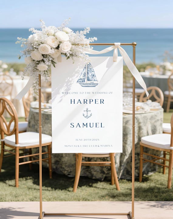 Coastal Sailboat Wedding Welcome Sign, Blue Toile, Ocean (Editable Printable) Instant Download #btb