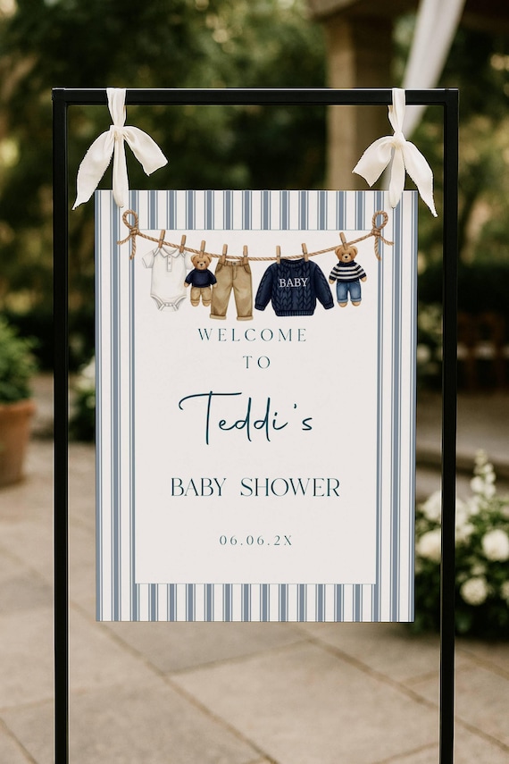 Boys Teddy Bear Baby Shower Welcome Sign, Blue, Stripes (Editable Printable) Instant Download #pst