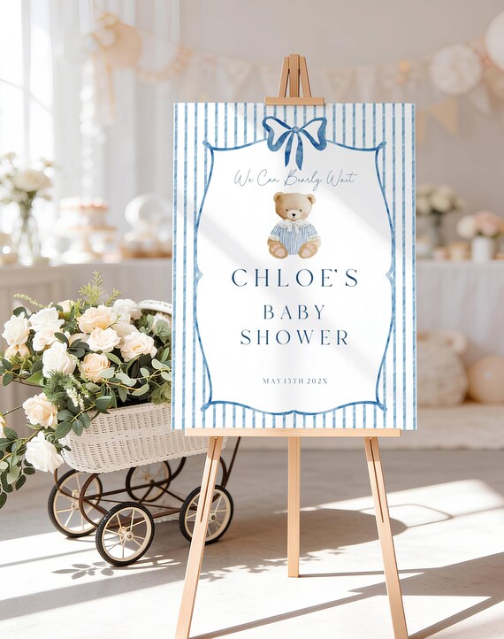 Blue Bear Baby Shower Welcome Sign, Striped Teddy Bear Boy Party (Editable Printable) #vtb