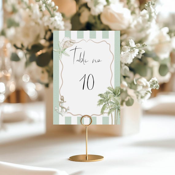 Coastal Design Wedding Table Number, Stripes, Seashells, Table Signs (Editable Printable) Digital  #css