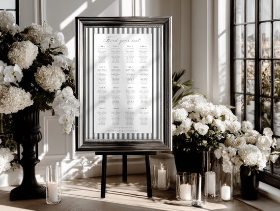Elegant Pinstripe Wedding Seating Plan Sign, Grey, Modern, (Editable Printable) Digital  #mtm