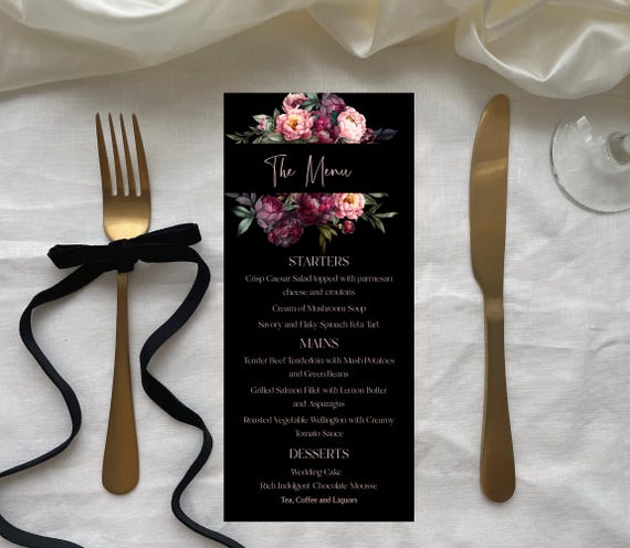 Black and Blush Floral Wedding Menu Template: Elegant Peonies (Editable Printable) #bpp
