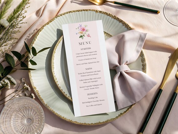Floral Wedding Menu Template: Bright Blooms, Blush Pink (Digital Download) Editable #pan