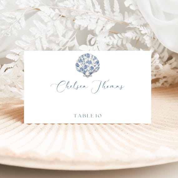 Coastal Wedding Place Cards, Ocean Seashell Name Card, Beach (Editable Printable) Instant Download #btb