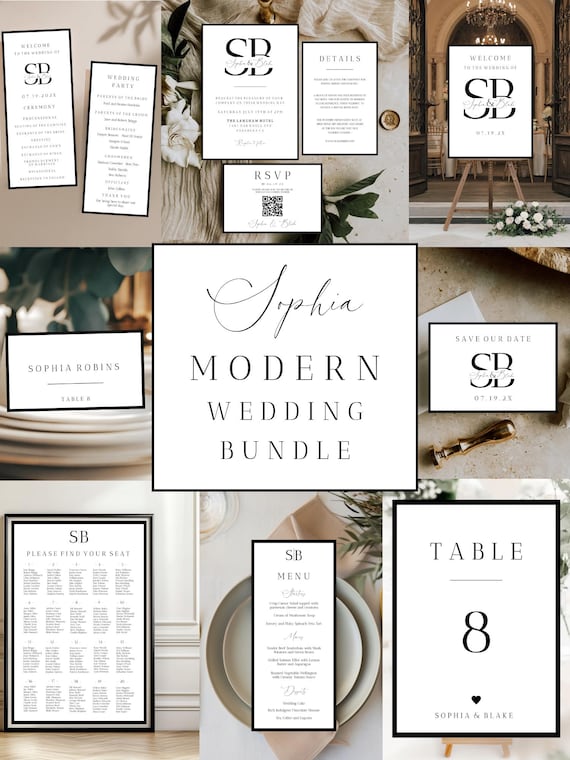 Modern Black Border Wedding Bundle Template: Editable Invitation Set (Digital Download) #SOPHIA
