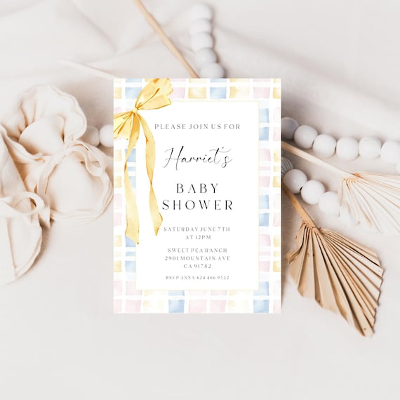 Yellow Bow Baby Shower Invitation: Gingham Plaid, Gender Neutral (Digital Download)