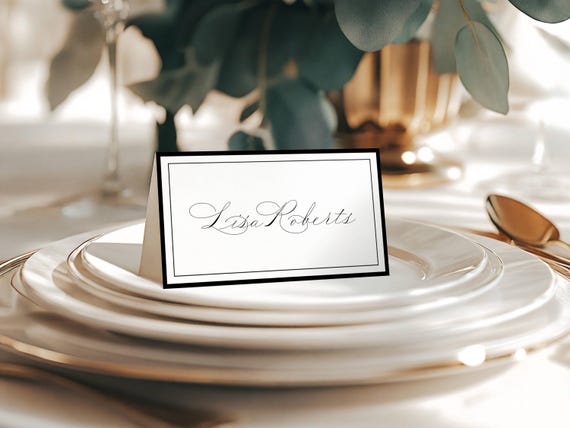 Elegant Script Wedding Place Card Template: Minimalist Black Border (Printable, Editable) #DARCEY