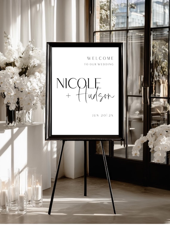 Modern Minimalist Wedding Welcome Sign Template: Black & White, Printable, Editable (18x24") #scr