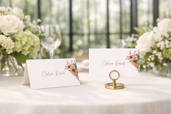 Floral Wedding Guest Place Card, Colorful Flowers Shower Name Card (Editable Printable)  #omb