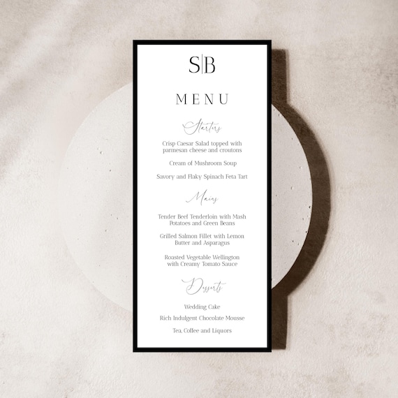 Minimalist Wedding Menu Template: Black and White Printable (Editable Digital Download) #SOPHIA