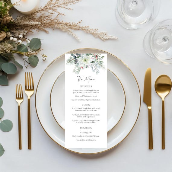 Winter Poinsettia Wedding Menu Template: Printable Holiday Design (Digital Download) Printable #poin