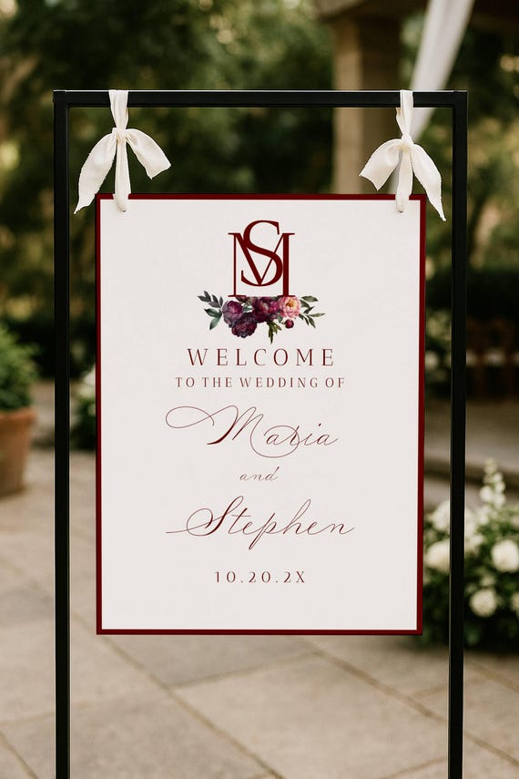 Burgundy Wedding Welcome Sign : Modern Peonies (Editable Printable) Bold Initials #mbp