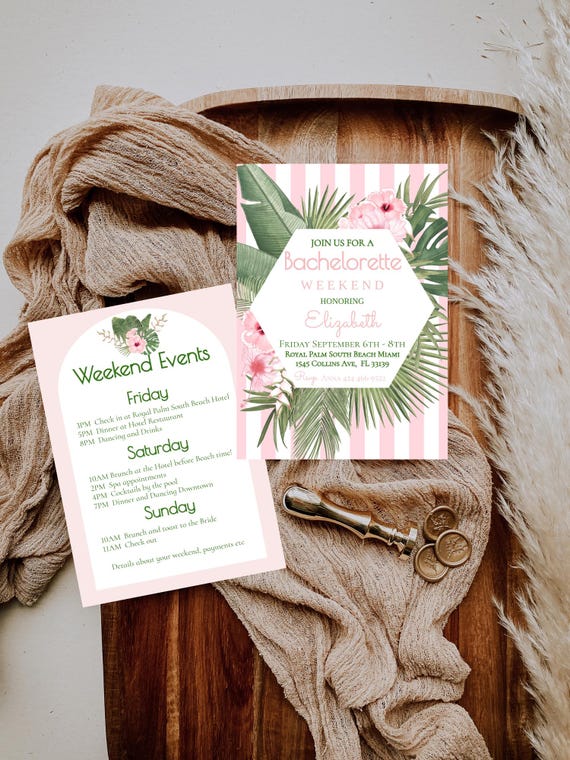 Tropical Bachelorette Weekend Invitation: Pink Stripes, Green Palms (Editable Printable ) Instant Download