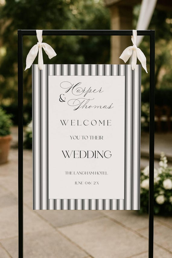 Elegant Pinstripe Wedding Welcome Sign, Gray, Modern, Script (Editable Printable) Digital #mtm