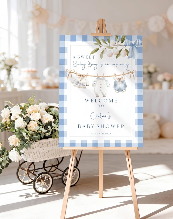 Boy Baby shower Welcome Sign, Blue Gingham, Clothesline, (Editable Printable) Instant Download #gcb