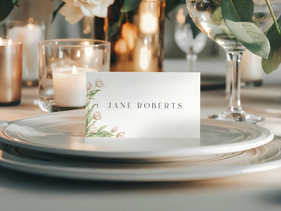 Spring Flowers Place Card, Pink, Wildflowers, DIY Name Card (Editable Printable) Instant Download #pts