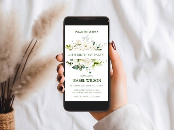 White Floral Birthday Evite: Elegant Electronic Invitation (Instant Download)