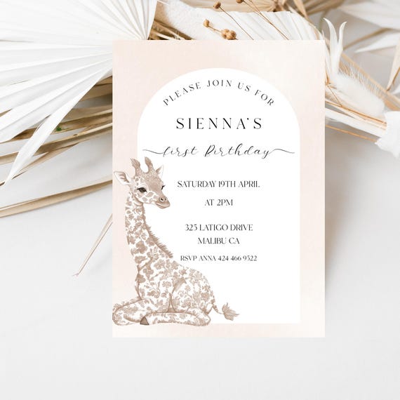 Safari Giraffe Birthday Invitation Template: Neutral Minimalist Design (Digital Download) Printable
