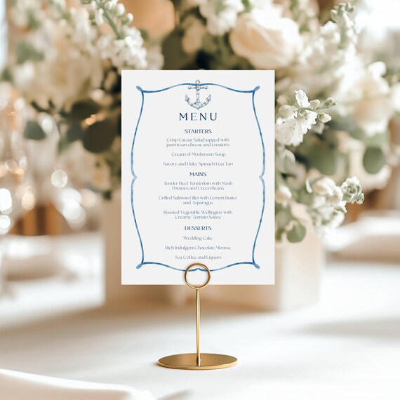 Coastal Wedding Menu, Ocean Table Menu, Beach, Boat Anchor (Editable Printable) Instant Download #btb