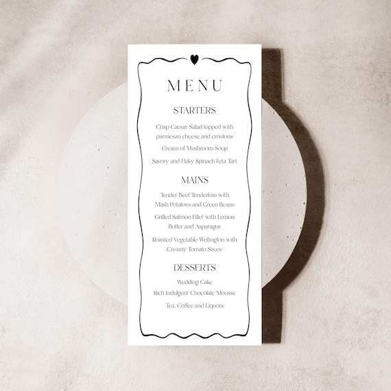 Minimalist Wedding Menu Template: Simple Black and White (Editable,Printable) #min