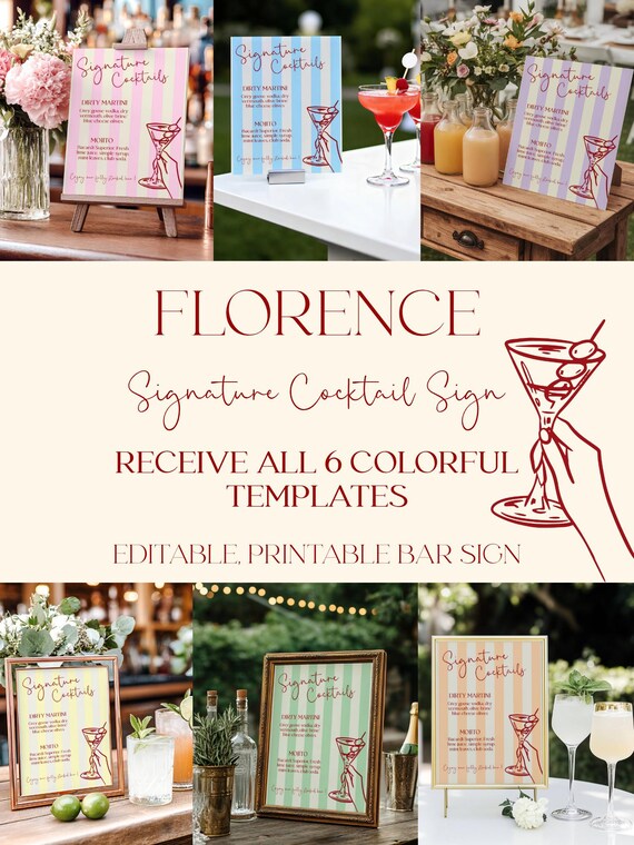 Signature Cocktail Sign, Colorful Stripes, Editable Bar Menu (Printable Template) #FLORENCE
